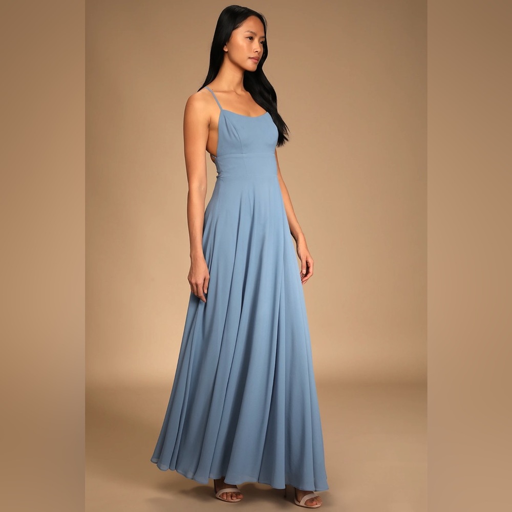 Slate blue chiffon flowy evening dress